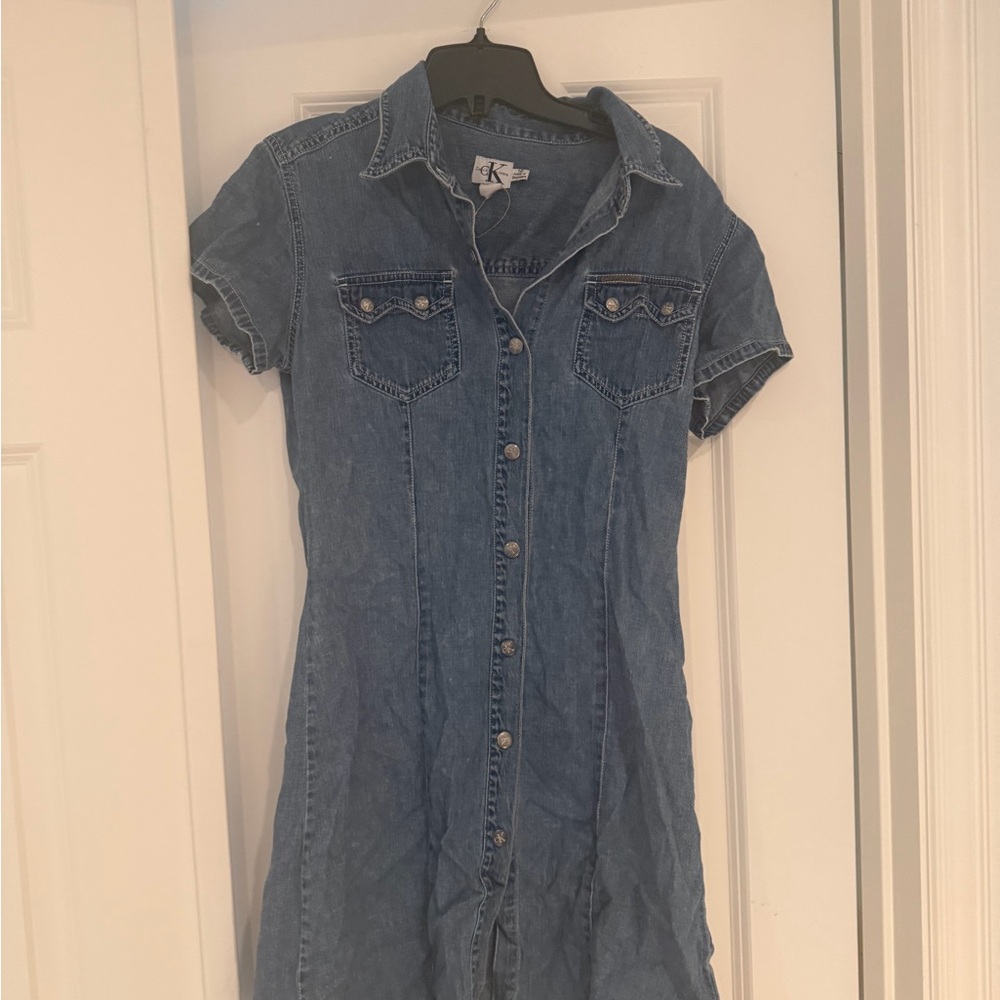 Vintage Calvin Klein Denim Button-Front Shirt Dress - Blue